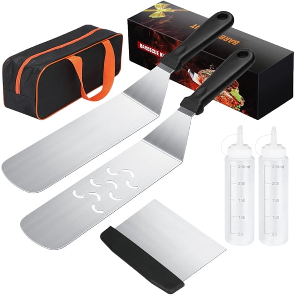 WuPing 6-Piece Stainless Steel Barbecue Tool Sets Blackstone Griddle Accessories with Carry Bag, Cleaning Brush, and Sauce Squeeze Bottle