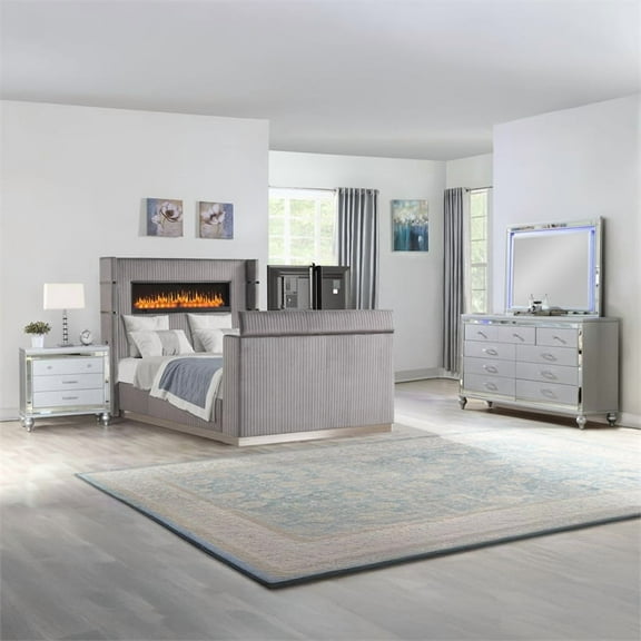 Lavish Modern Style 4 Pc King Bedroom Set Made with Wood in Gray