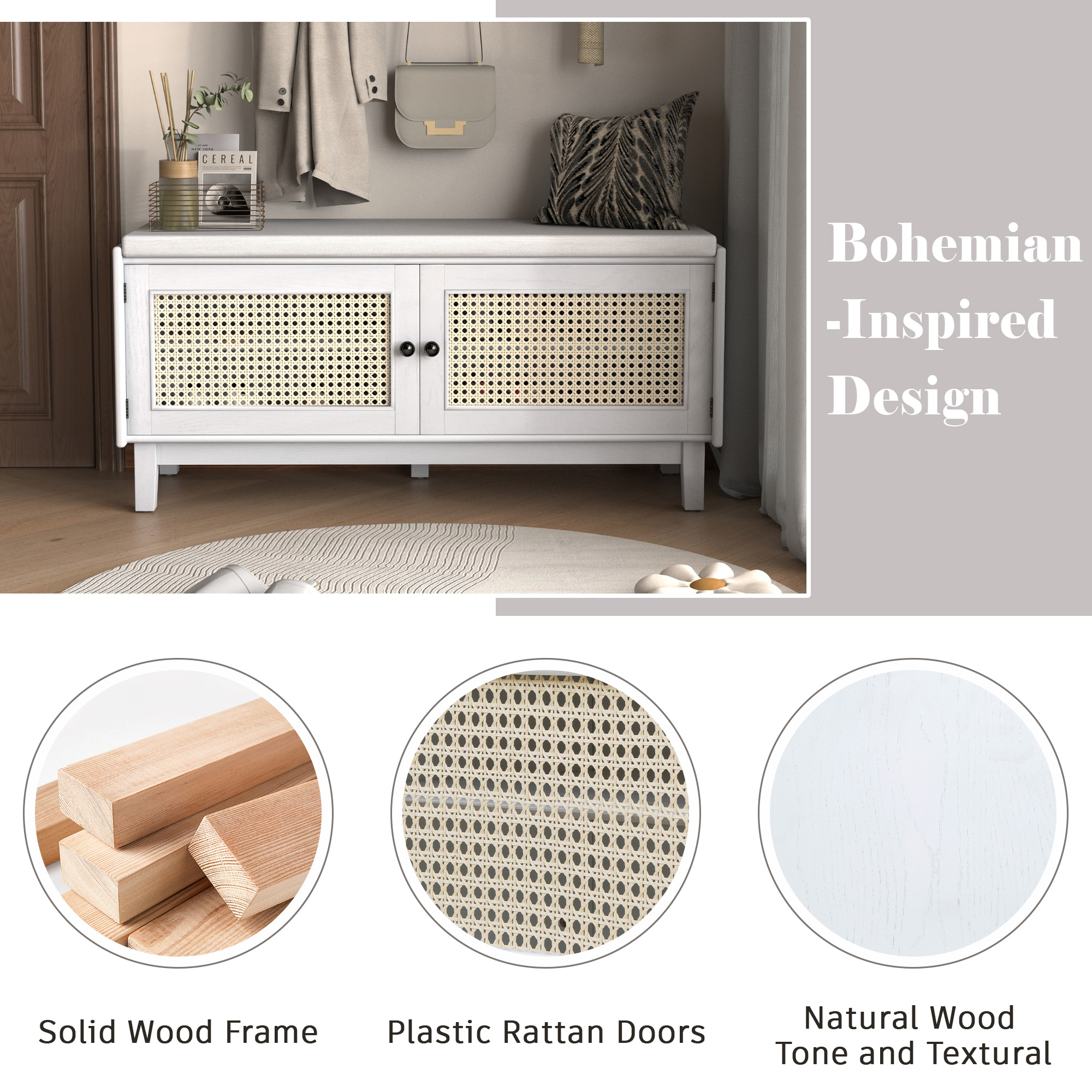 Euroco Boho Rattan Entryway Bench with Storage, Cushioned Shoe Bench with Double Doors, Wooden Shoe Organizer Bench for Entryway and Hallway (White+Beige )