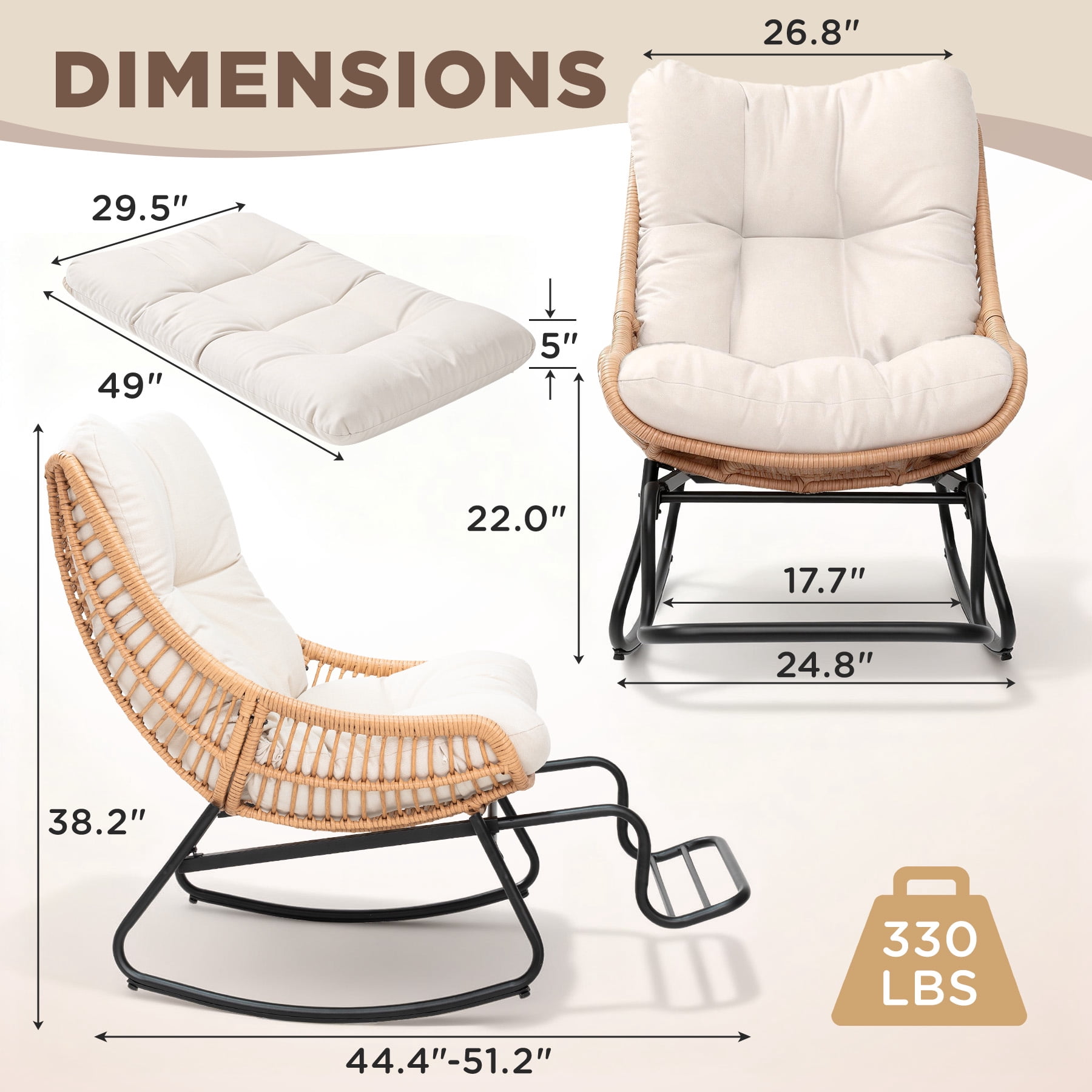 Tappio Rocking Papasan Chair with Adjustable Footrest, Outdoor Egg Rocking Chair with Thick Cushion and Steel Frame, Oversized Papasan Lounge Rocker for Garden, Porch, Living Room, Beige