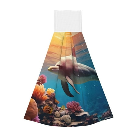 

Easygdp Underwater Plant Dolphin Kitchen Hand Towels Hanging Tie Towels Fast Drying Dish Cloth with Loop for Bathroom Restroom Home Decor