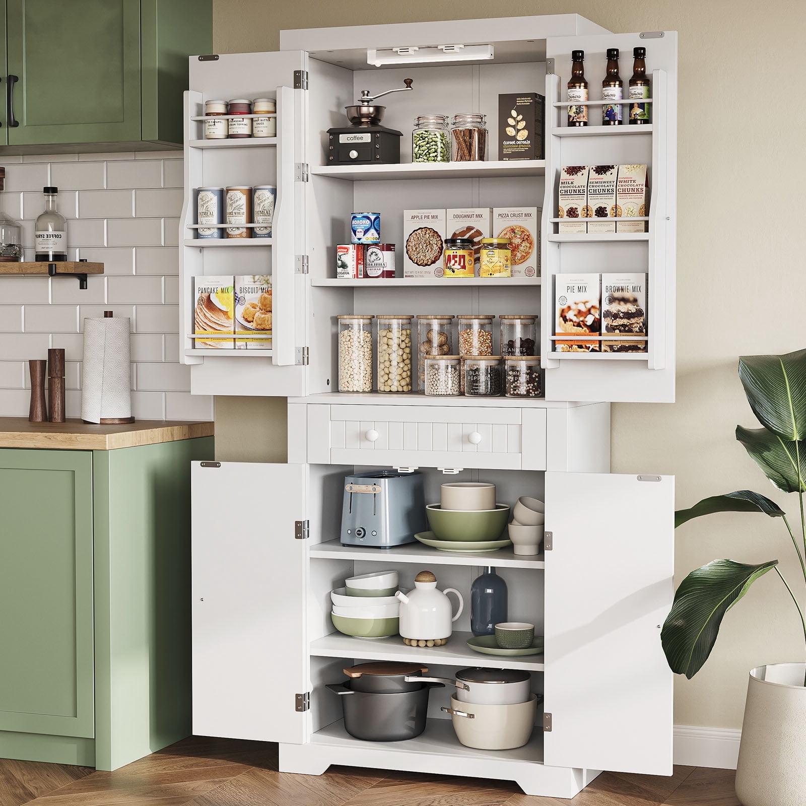 Bestier 72" Tall Kitchen Pantry Storage Cabinet with Doors and Shelves, Food Pantry Cabinet with Motion Sensor Light, White