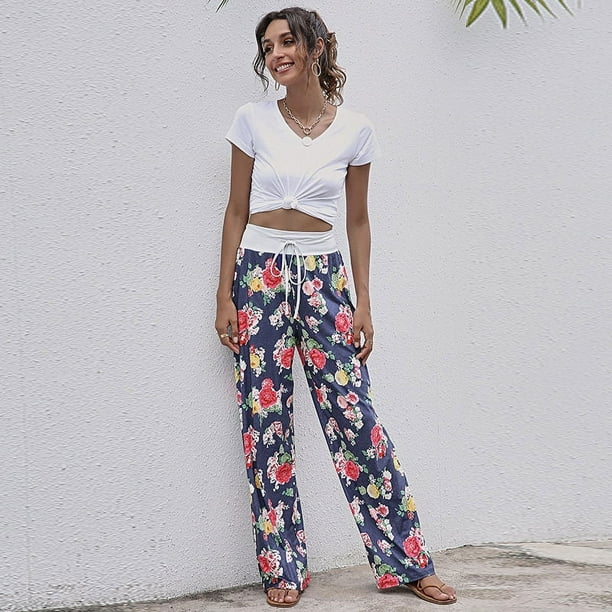 Pantalones casuales de mujer de Europa y Estados Unidos, pantalones holgados con cordones y estampados a la moda
