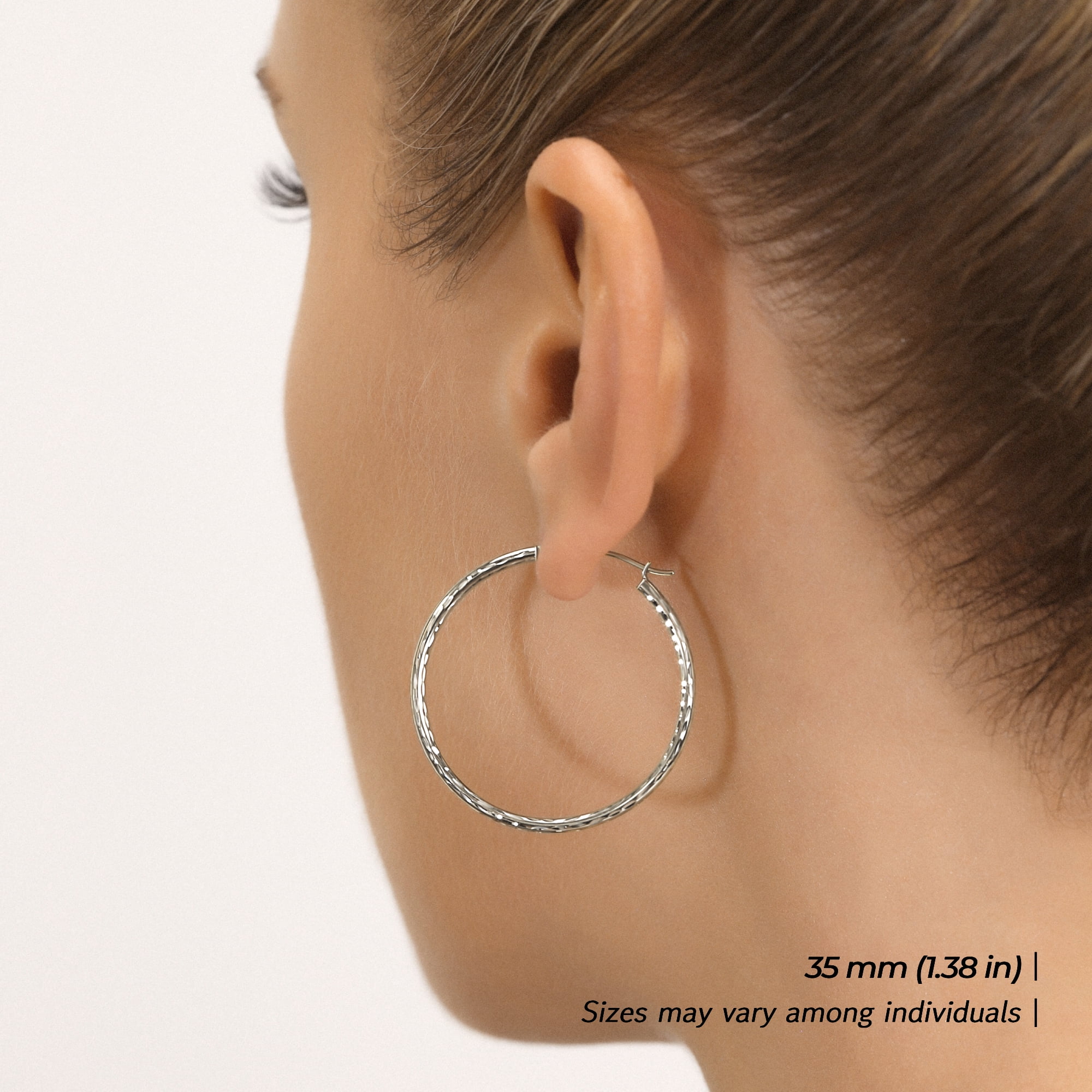 Tilo Jewelry 14K White Gold Diamond-Cut Engraved Round Hoop Earrings (35mm) for Women & Unisex