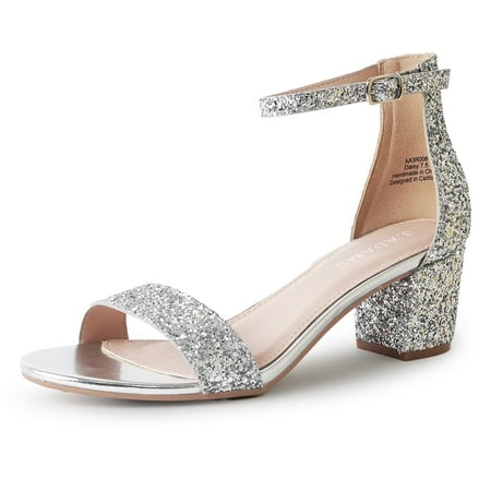J.Adams Daisy  Women s High Heel Block heels Chunky Party Dress Shoes Ankle Strap Wedding Heeled Sandals - Silver Glitter - 6.5