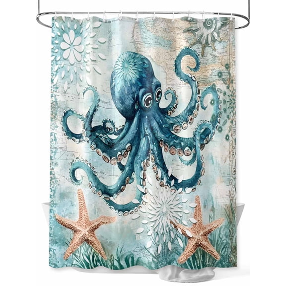 Ocean Octopus Shower Curtain, Starfish Vintage Coral Abstract Art Waterproof Shower Curtain Set with 12 Hooks Lightweight Washable Fabric Shower Curtains for Bathroom 60x72 Inches