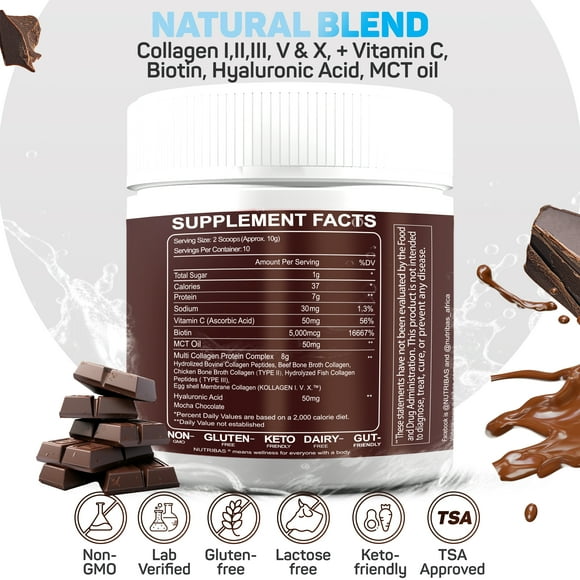 Nutribas Collagène Peptides Poudre Chocolat Mocha avec Acide Hyaluronique, Biotine, Huile de MCT et Vitamine C - 10 Portions