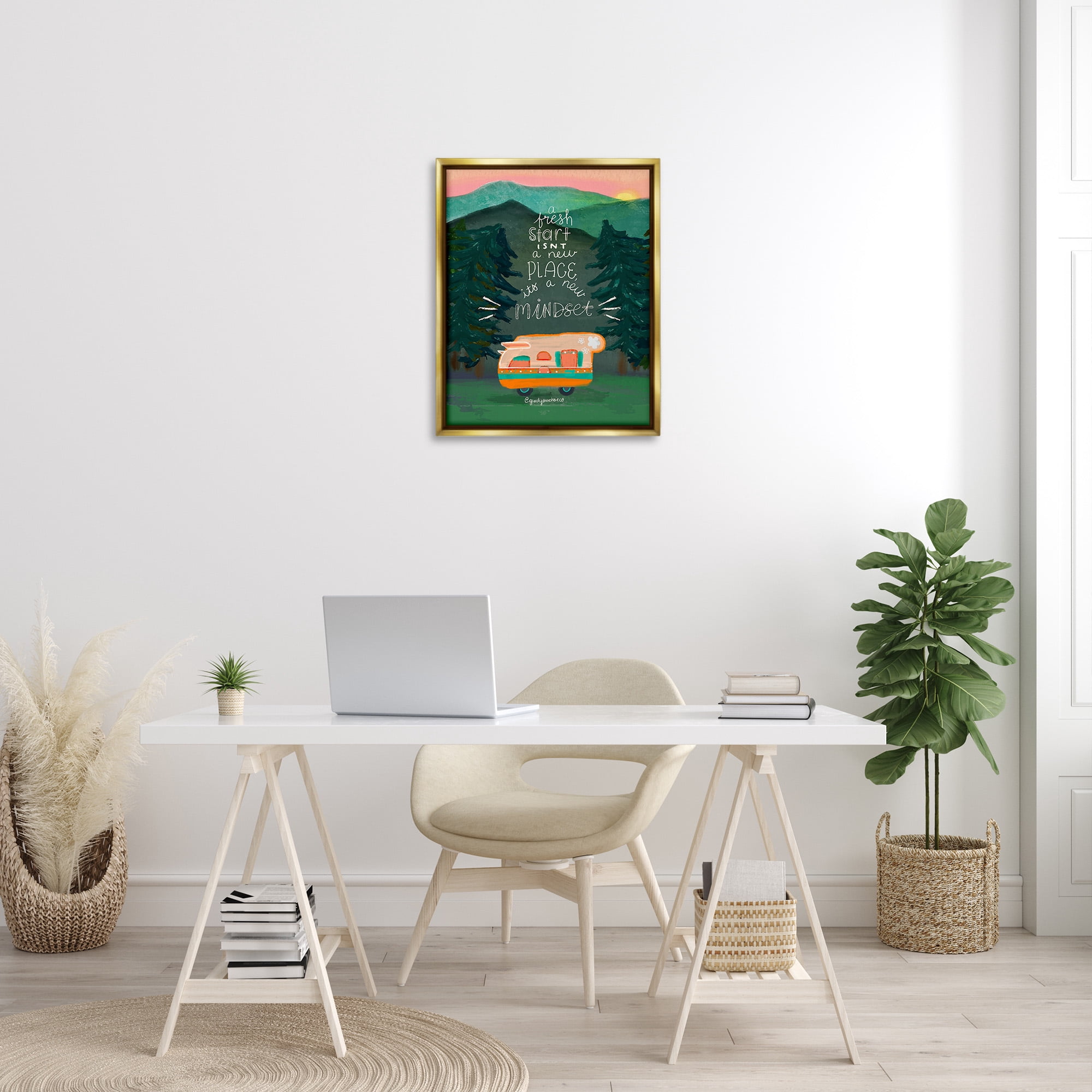 Stupell Industries Fresh Start New Mindset Inspirational Painting Gold Floater Framed Canvas Art Print Wall Art, 25 x 31
