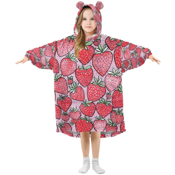 FORMRS Wearable Blanket Hoodie with Sleeves for Kids Cozy Flannel Sweatshirt, Sweet Strawberry