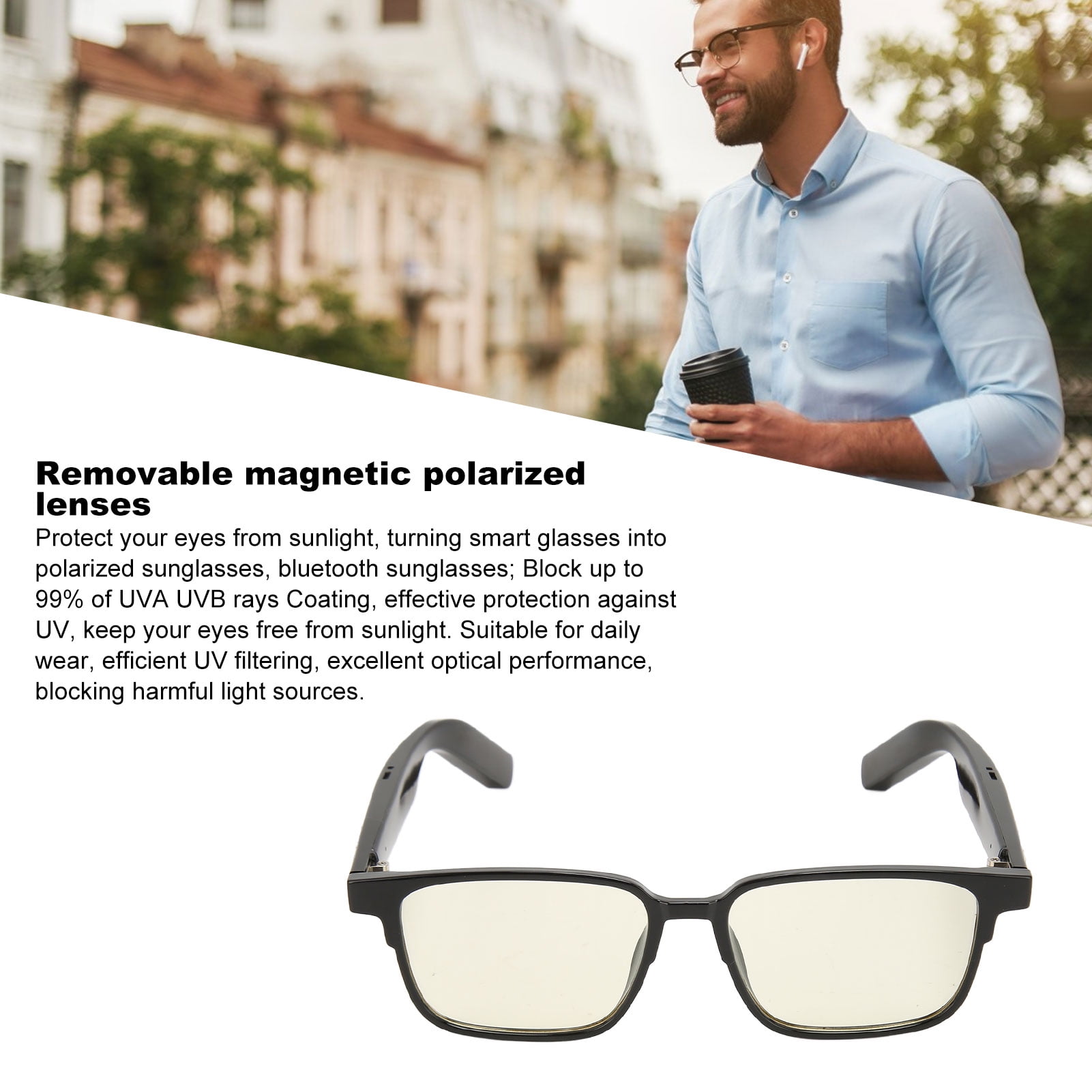 BT Audio Smart Glasses Cordless Sunglasses for Women and Men Voice Touch Control Blue Light Filter Polarized Lenses IPX4 Waterproof for IOS for Walmart