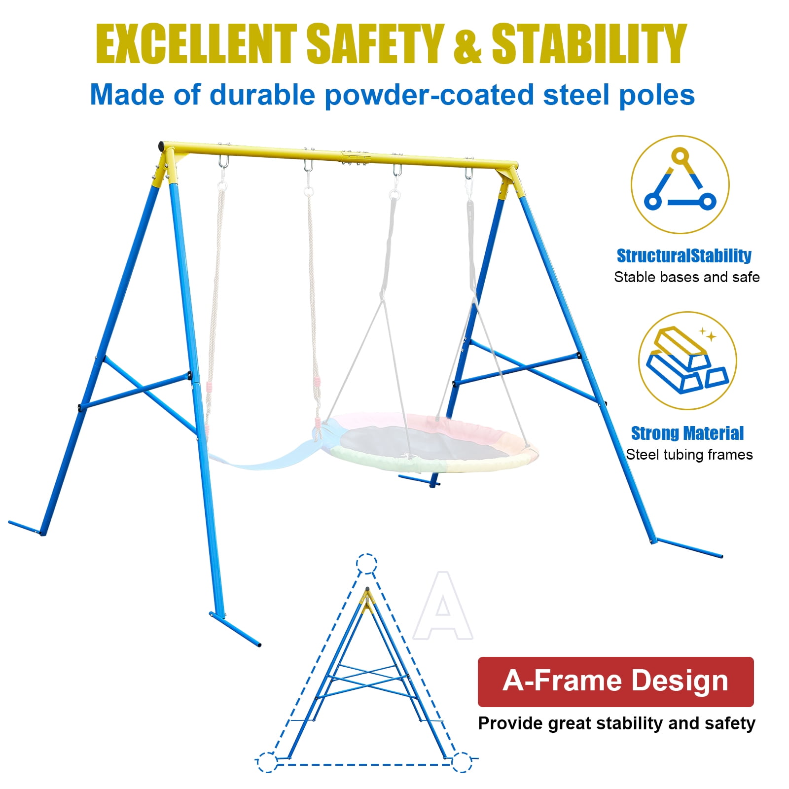 Hishine Swing Stand Metal Frame for Backyard, Heavy Duty Full Steel A-Frame with Ground Stakes, Fits 2 Swings Extra Large Outdoor 550lbs