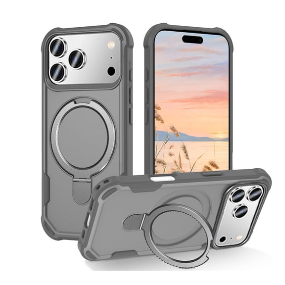 Protective Magnetic Kickstand Case for iPhone 17 Pro Max with Tempered Glass Screen Protector - Gray
