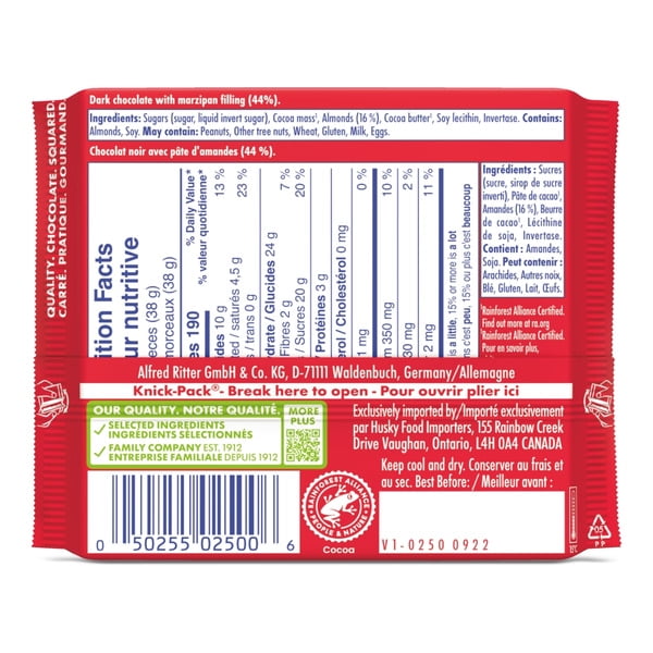 Ritter Sport Dark Chocolate Bar with Smooth German Marzipan Filling, 3.5 oz Bars, 6 Pack