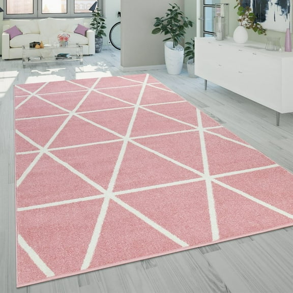 Low-Pile Area Rug with Modern Geometric Pattern & Pastel Colors in Pink - 2'4" x 4'7" (2'x4')