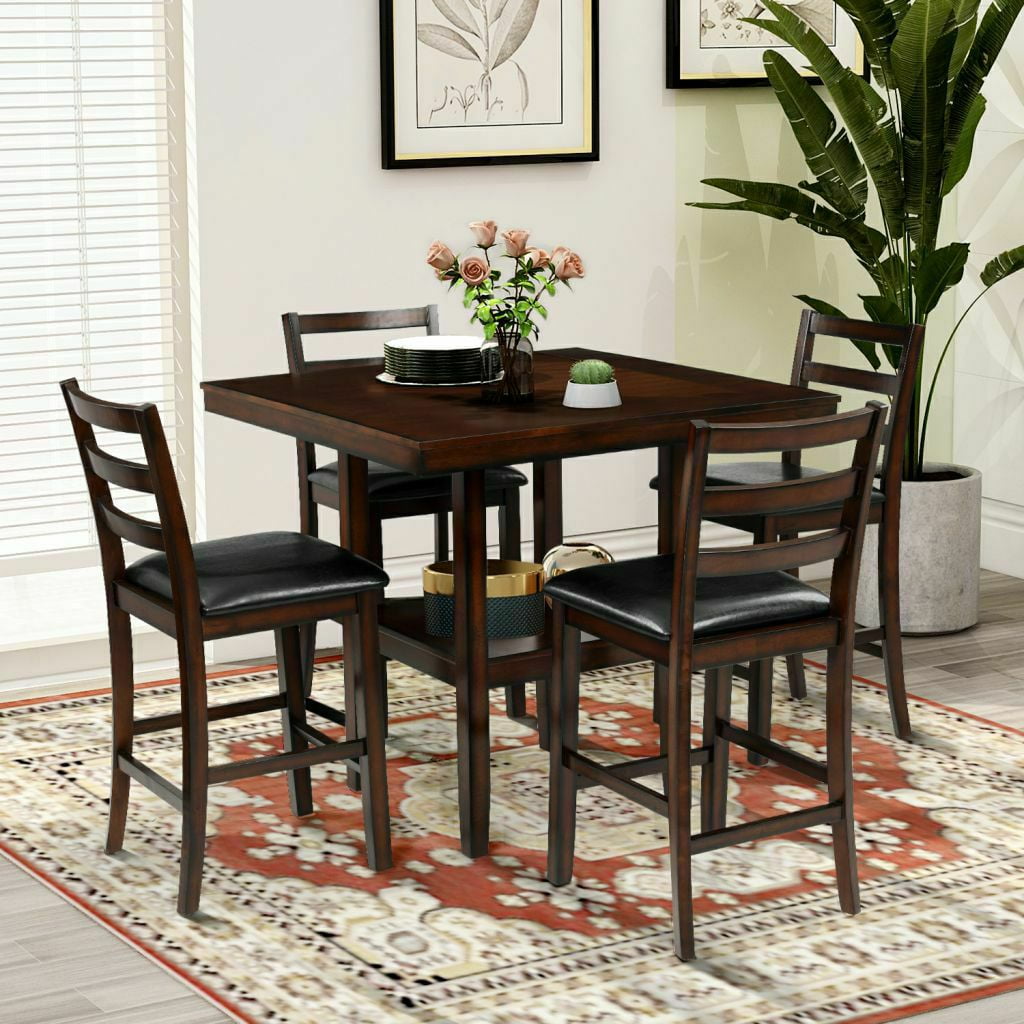 5Piece Wooden Counter Height Dining Set,with Padded Chairs,Storage