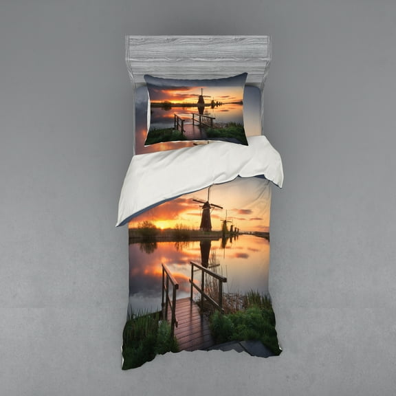 Ambesonne Nature Bedding Set 3 Pcs, Dutch Windmill River, Twin XL, Orange Blue