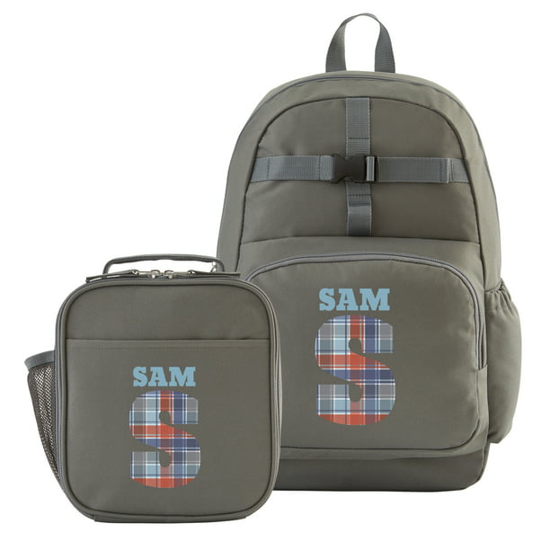 Personalized Their Own Name Charcoal Backpack + Lunchbox Set Plaid