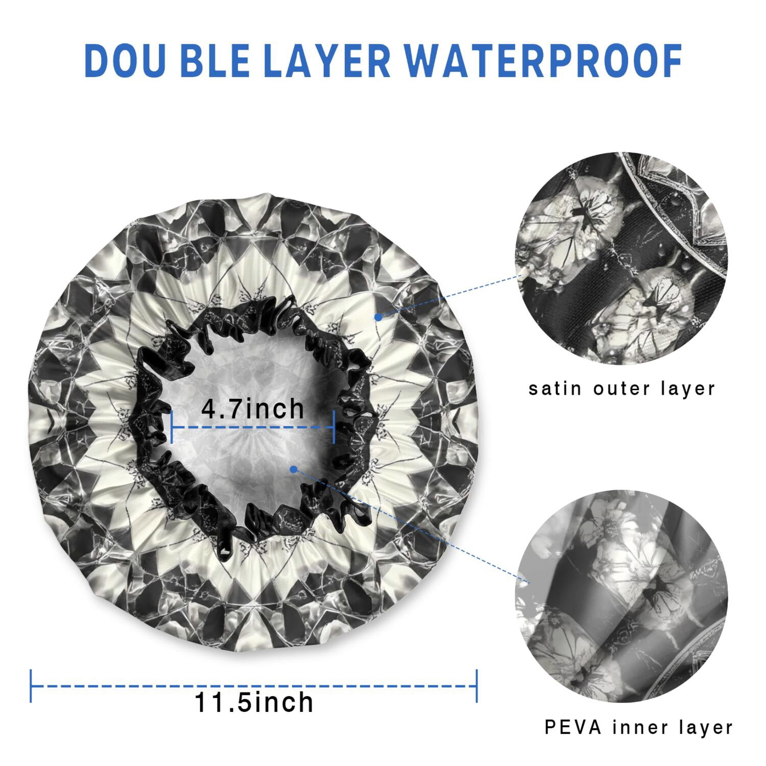 Shower Caps,Black White Tie Dye Mandala Pattern Waterproof Shower Cap for Women 4 Pieces,Double Reusable Hair Cover for Shower PEVA Elastic Stretch Hem