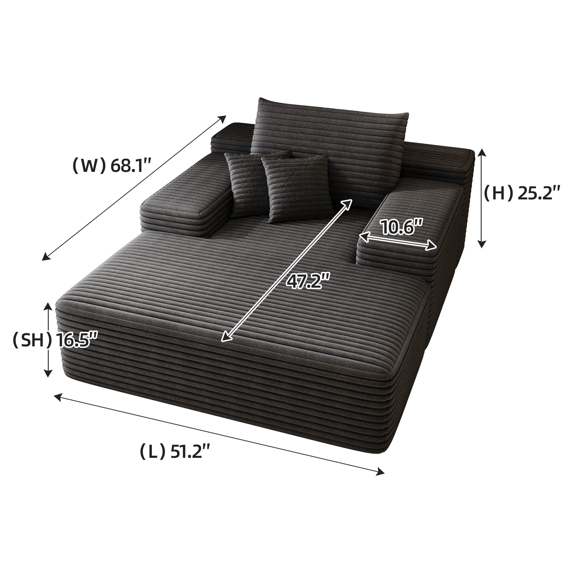 MAYEERTY 68"×51" Chaise Lounge Dark Gray Plush Faux Fur Oversized Sofa Bed Living Room