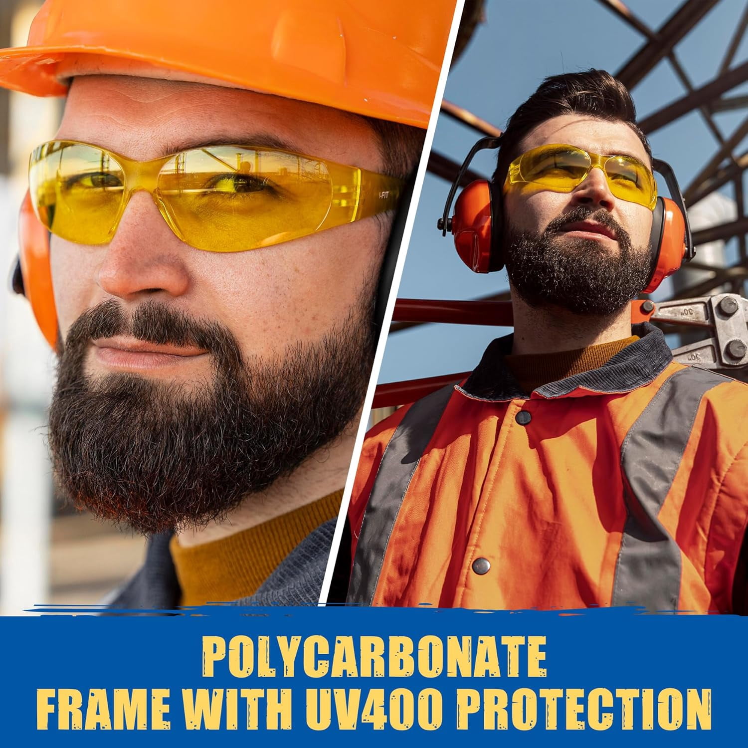 RUGGED BLUE - Work Safety Glasses For Men | Ansi Z87 Certified protective eyewear For Shooting Range | Anti-Scratch Outdoor Glasses | Construction/Lab Safety Glasses | Safety Goggles - 12 Pack Amber