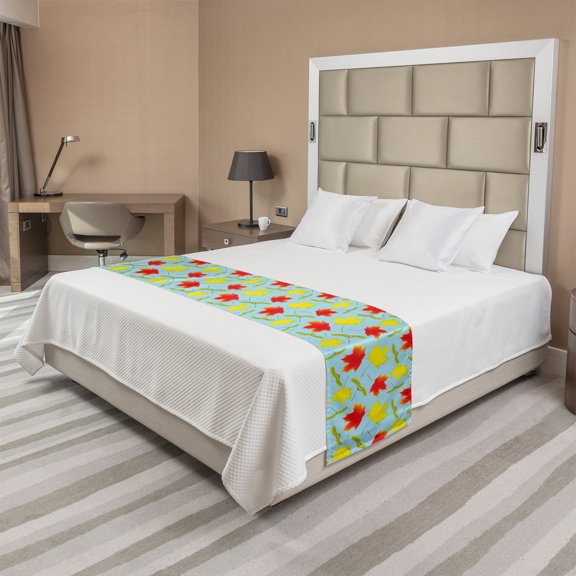 Autumn Bed Runner, Dry and Fallen Maple Leaves Illustration on Fresh Toned Background Print, Decorative Accent Bedding Scarf for Hotels Homes and Guestrooms, King, Pale Blue and Yellow, by Ambesonne