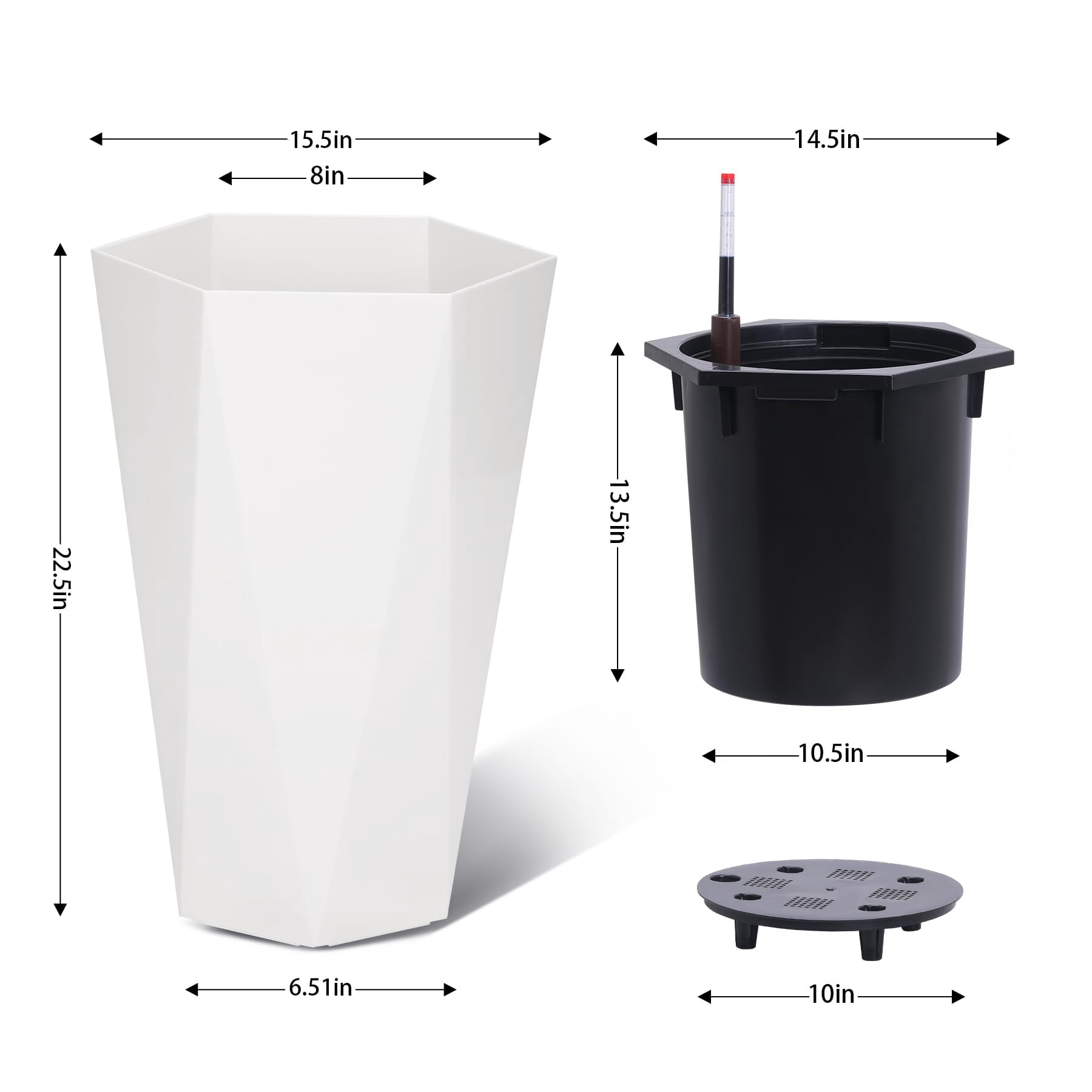 22.5 Inch Tall Planters Set of 2, Large Flower Pot Outdoor and Indoor, with 2 Trays and a Water Level Monitor and Wheels for Patio, Porch, Living Room, or Home Office