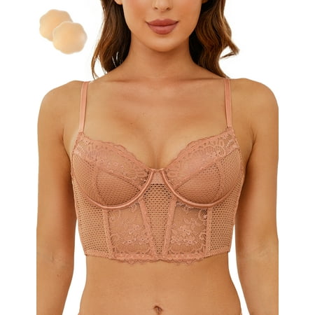 Wingslove Women s Sexy Lace Balconette Bra Longline See Through Unlined Underwire Multiway Bralette with Silicone Nipple  Coral Orange 32B