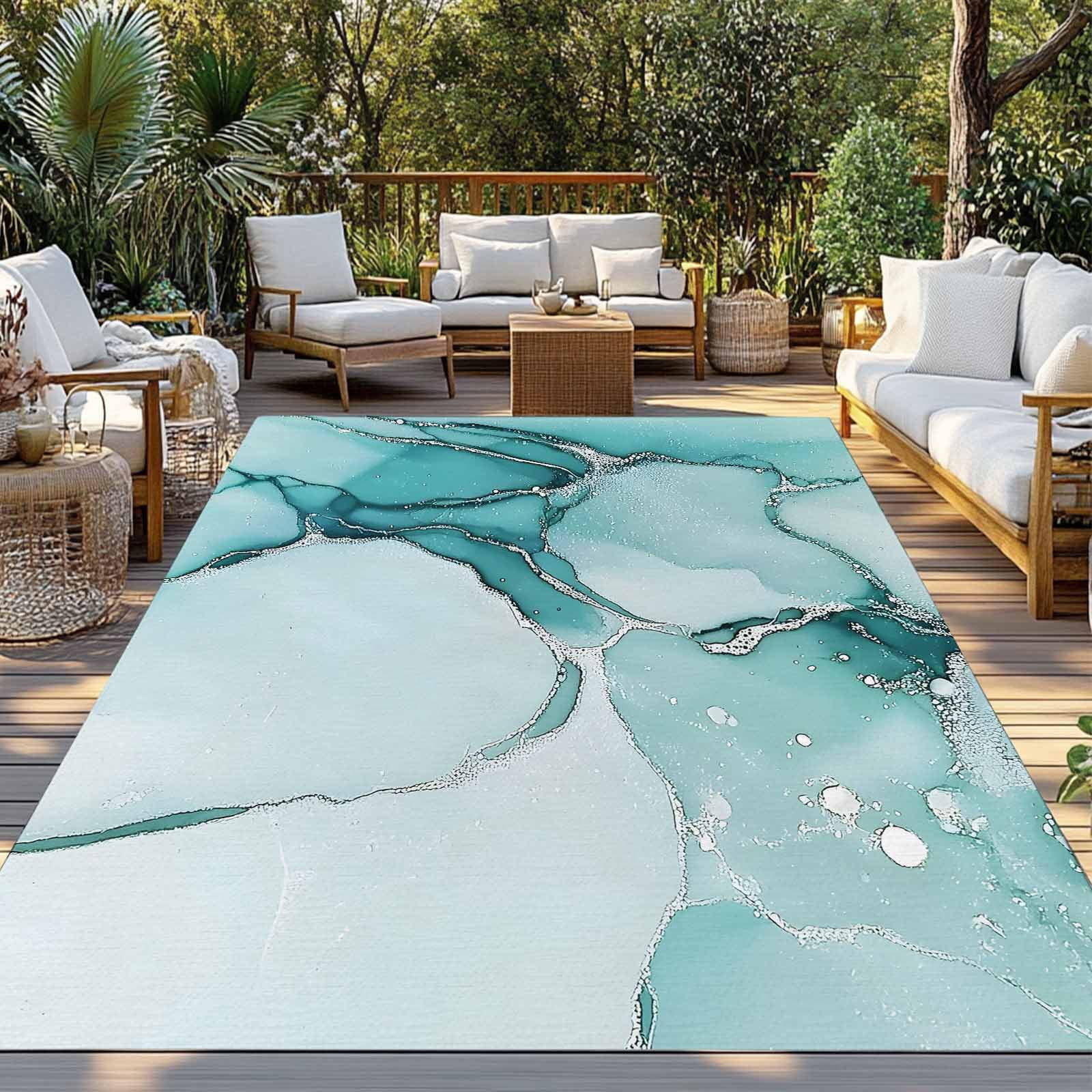 5' x 8' Outdoor Rug, Marble Turquoise Outdoor Washable Rug Large Floor Carpet, Abstract Nature Cracks Silver Wavy Non Shedding Area Rug for Outside Patio RV Porch Deck Balcony Camping Living Room