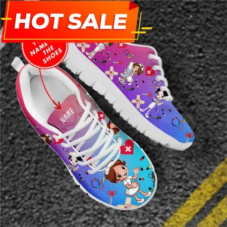 

Pink Nursing Shoes Ladies Flats Sneakers Cute Cartoon Nurse/Doctor Brand Design Air Mesh Lightweight Female Footwear