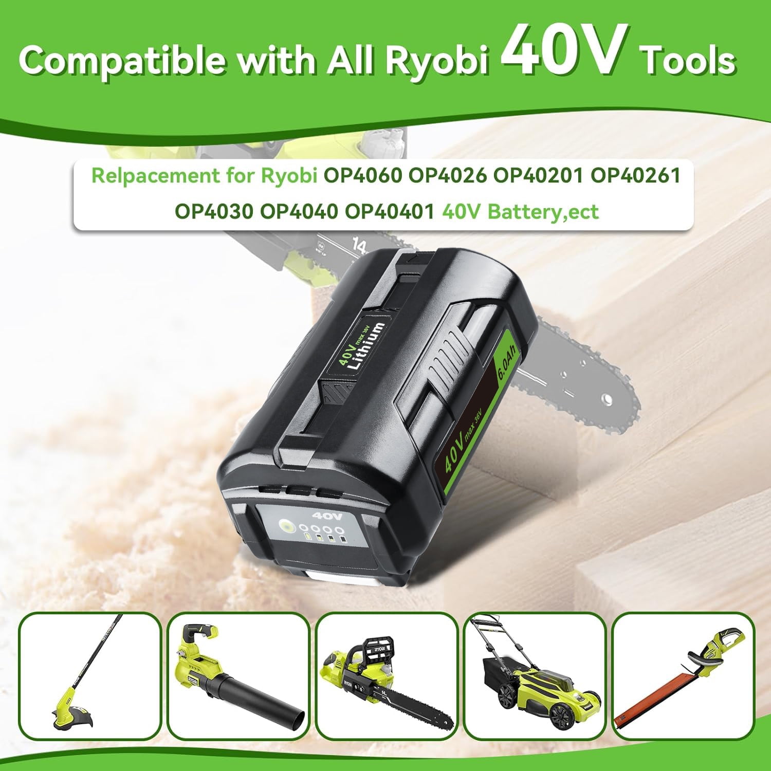 36V 6.0Ah Replacement for Ryobi 40V Battery OP4040 OP4026 OP4030 OP4050 OP4060A OP40201 ZROP4026, Compatible with 40 Volt Ryobi Lithium Battery, Power Tools and Chargers