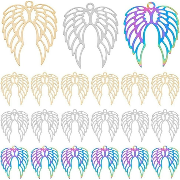 18Pcs 3 Colors Hollow Wings Pendants Angel Wing Charms Feathered Wings Charms Gold Etched Metal Embellishments Charms Stainless Steel Pendants for Jewelry Making Hole: 3mm