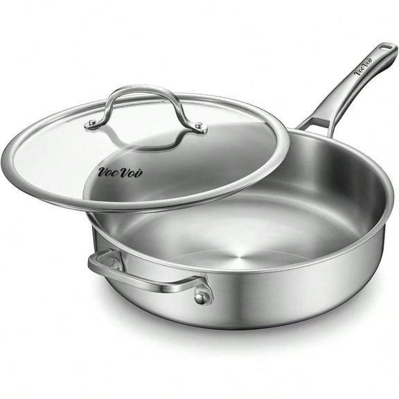 6Quart Stainl Steel Saute Pan with Lid 12Inch Skillet Dishwasher Oven Safe Works on All Cooktops