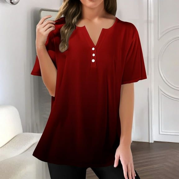 Red Women's Short Sleeve T-shirt, Women'S Fashion Casual Floral Print Button Down Short Sleeve Top T Shirt,Women's Short sleeve T-shirt L