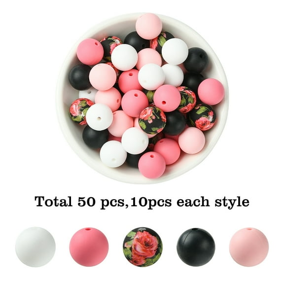1set 50pcs 5 styles Round Silicone Focal Beads Mixed color 15x15mm Hole: 2mm