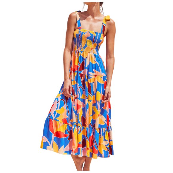 WILLBEST Brown Long Dress for Women Women's Summer Boho Spaghetti Strap Square Neck Ruffle Casual Flowy Long Dress Beach S Party Maxi Dress