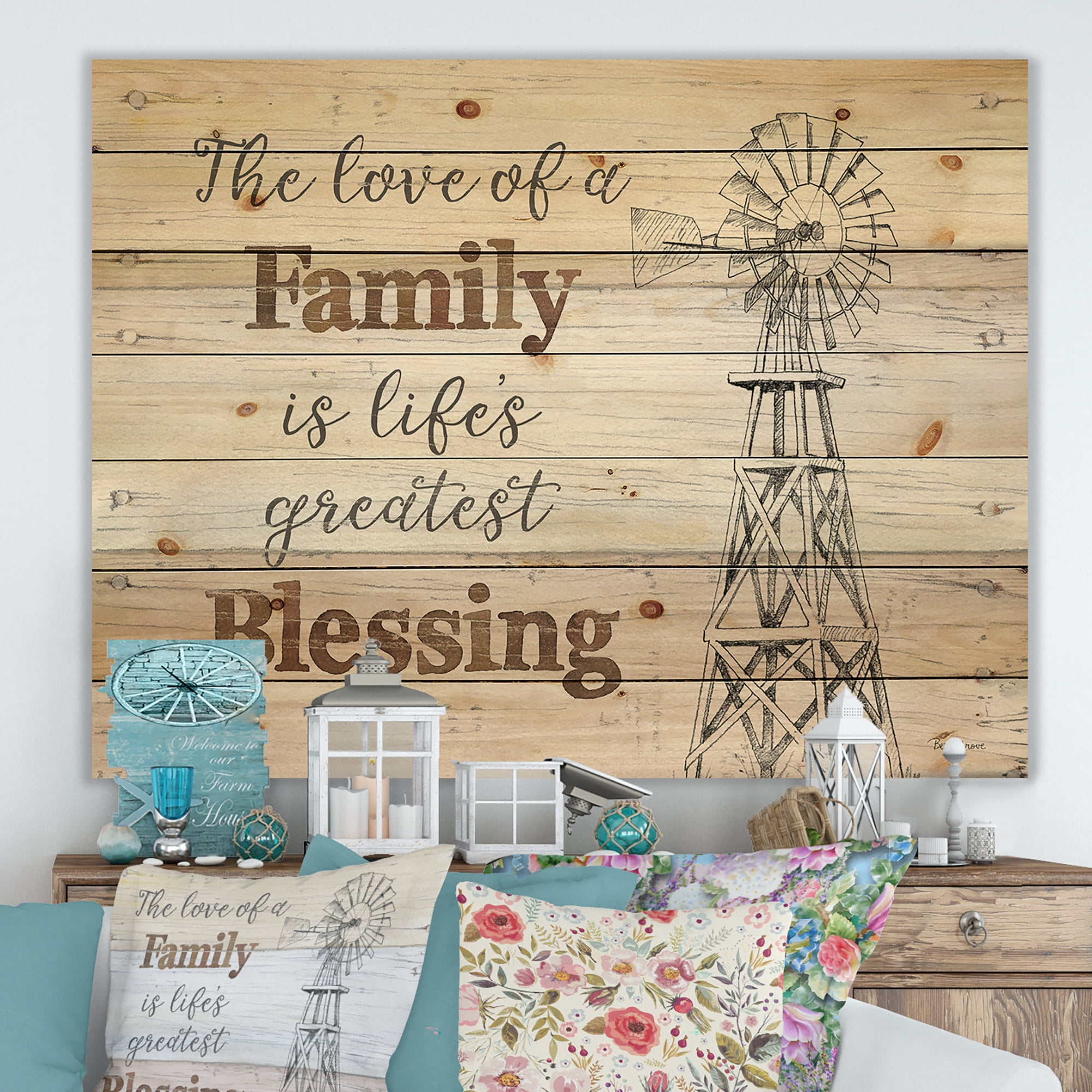 Designart 'Farmhouse Moment windmills' Farmhouse Print on Natural Pine Wood