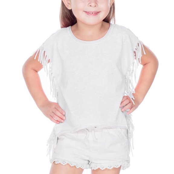 Kavio! Girls 3-6X Sheer Jersey Raw Edge Side Fringe Asymmetrical Cap Sleeve CropTop White 3