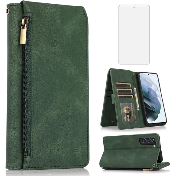 REQO Compatible with Samsung Galaxy S21 FE 5G Wallet Case Tempered Glass Screen Protector Zipper Leather Flip Cover Card Holder Stand for S 21 EF S21FE5G UW S21FE 21S G5 6.4 inch Women Men Green