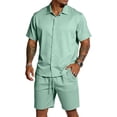 thumbnail image 3 of Mens 2 Piece Matching Set Gym Summer Sets Plus Size Beach Shirt and Shorts Fashion Drawstring Short Sleeve Outfits, M, 3 of 7