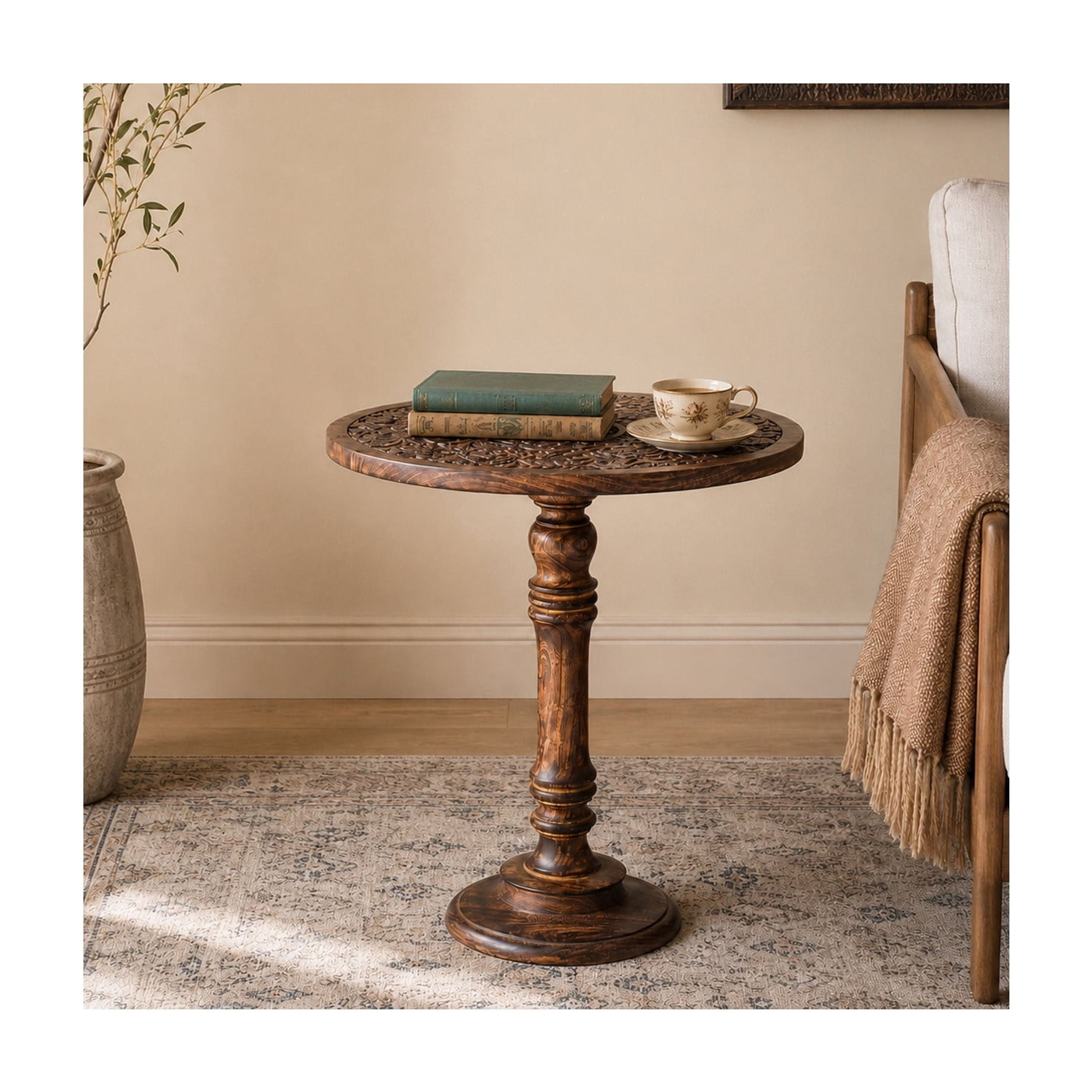 DecMode Mango Wood Traditional Carved Floral with Exposed Wood Grain Accent Table 17"W x 21"H, with a Dark Brown Finish