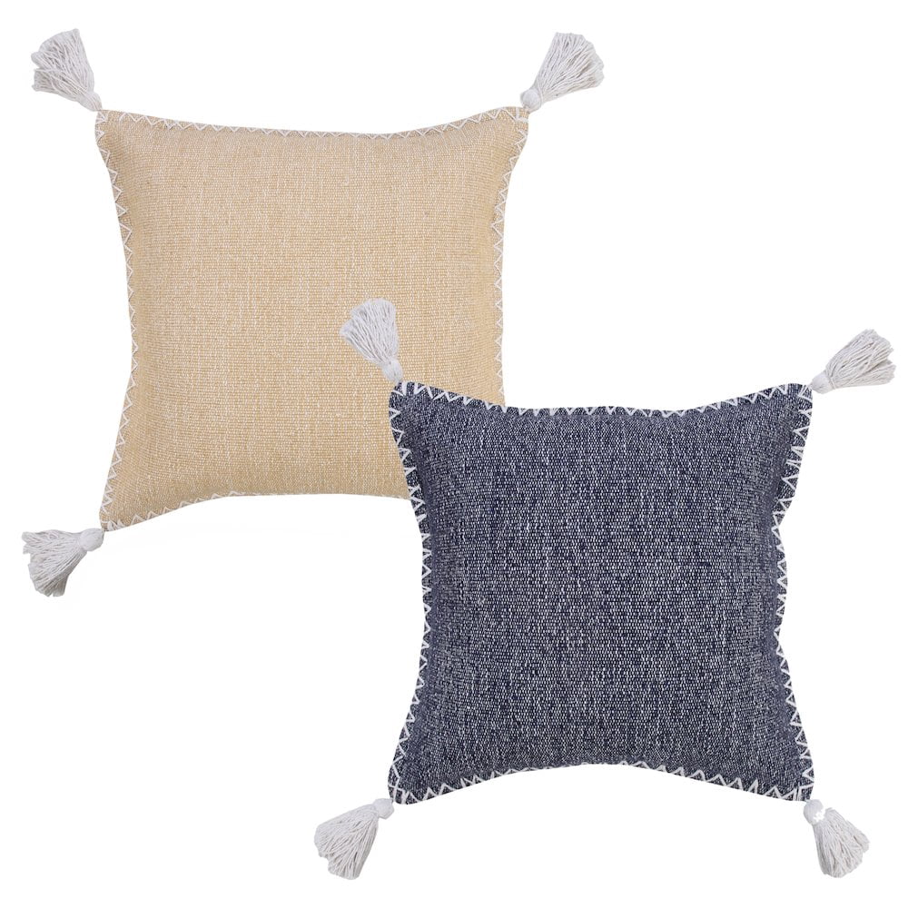 LR Home Solid Stonewash Boho Farmhouse Embroidered Edge Throw Pillow with Tassels