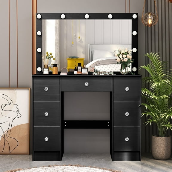 Ciumeeo Vanity Desk with Lights and Mirror, Hollywood Style Large Lighted Mirror, Makeup Vanity Table with 7 Drawers for Girls, Black
