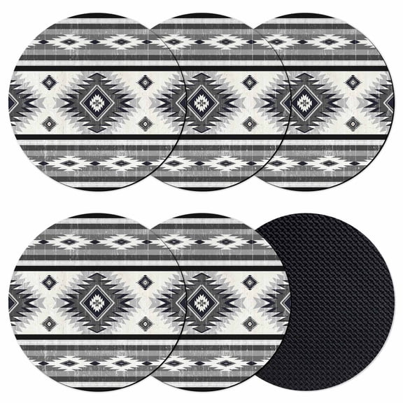 Gray Boho Coasters Set of 6, Southwestern Ethnic Aztec Retro Geometric Absorbent Coasters for Drinks, Coaster for Bar Office Dining Coffee Table Accessories Decor, Non Slip Round Desk Coaster