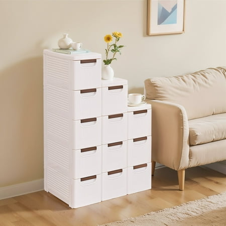VECELO Bathroom Stackable Storage Combination Floor Standing Side Cabinet Moveable Plastic Narrow Slim Corner Slide Out Drawer Storage Cabinet for Bedroom Kitchen White