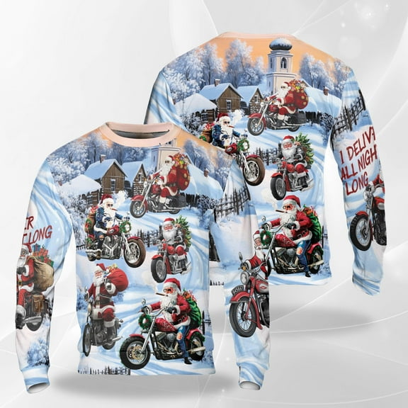 Biker Santa Christmas Sweatshirt, Funny Motorcycle Holiday Crewneck, Cool Winter Riding Xmas Pullover, Santa on Bike Festive Sweater for Men Women Friends