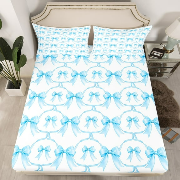 Cartoon Bowknot Bed Sheets Twin Bow Knot Fitted Sheet Butterfly Knot Bow Tie Sheets Watercolor Aesthetic Coquette Room Decor Geometric Blue Bed Set（No Top Sheet)