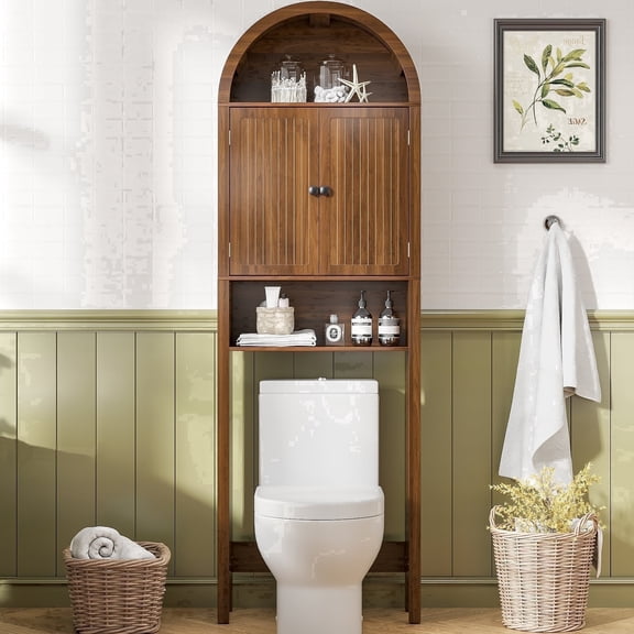 Over The Toilet Storage Cabinet, Arched Cabinet Shelf Organizer with Adjustable Shelves and Fluted Doors, Walnut