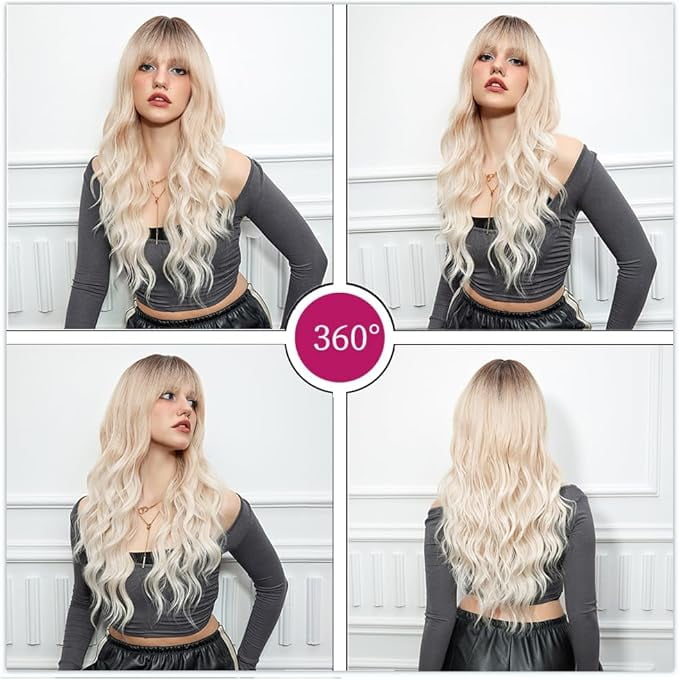 Long Curly Ombre Blonde Wigs With Bangs Wig for Women Synthetic Hair Wig for Party Cosplay Daily Use -26 inches(Beige Wig)