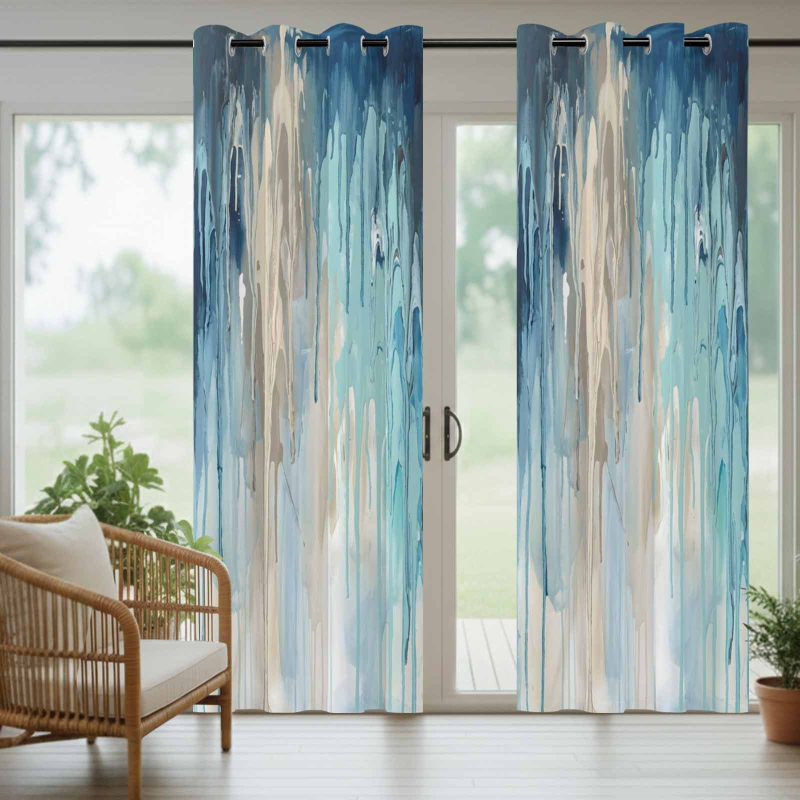 Abstract Rain Outdoor Curtains for Patio, Modern Teal Beige Blue Ocean Waves Water Drops Sunshade Privacy Drapes Grommet Waterproof Outside Curtains for Porch/Cabana/Balcony 54"x 108", 1 Panel