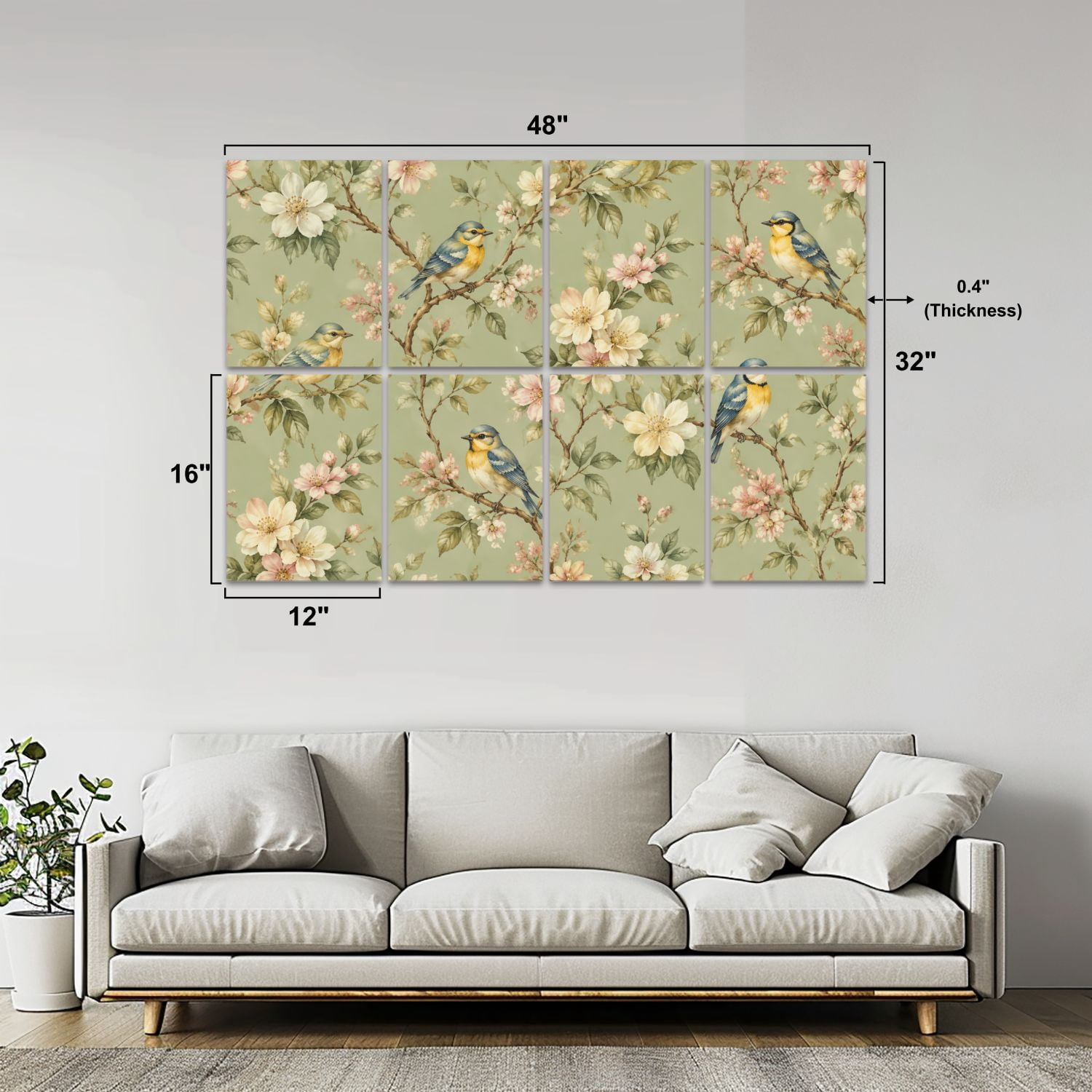 8 Pack Art Acoustic Panels Sound Absorbing Seamless Birds Branches Floral Elements Vintage Style Decorative Soundproof Wall Panels Self Adhesive for Nursery Game Room Bedroom 48"x32"
